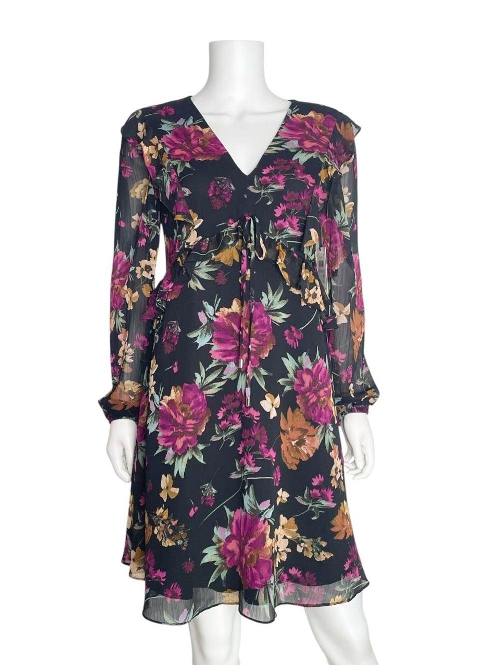 NWT Kensie Floral Chiffon Dress Size 6 Navy Pink Long Sleeve Lined Boho Romantic - Picture 2 of 7